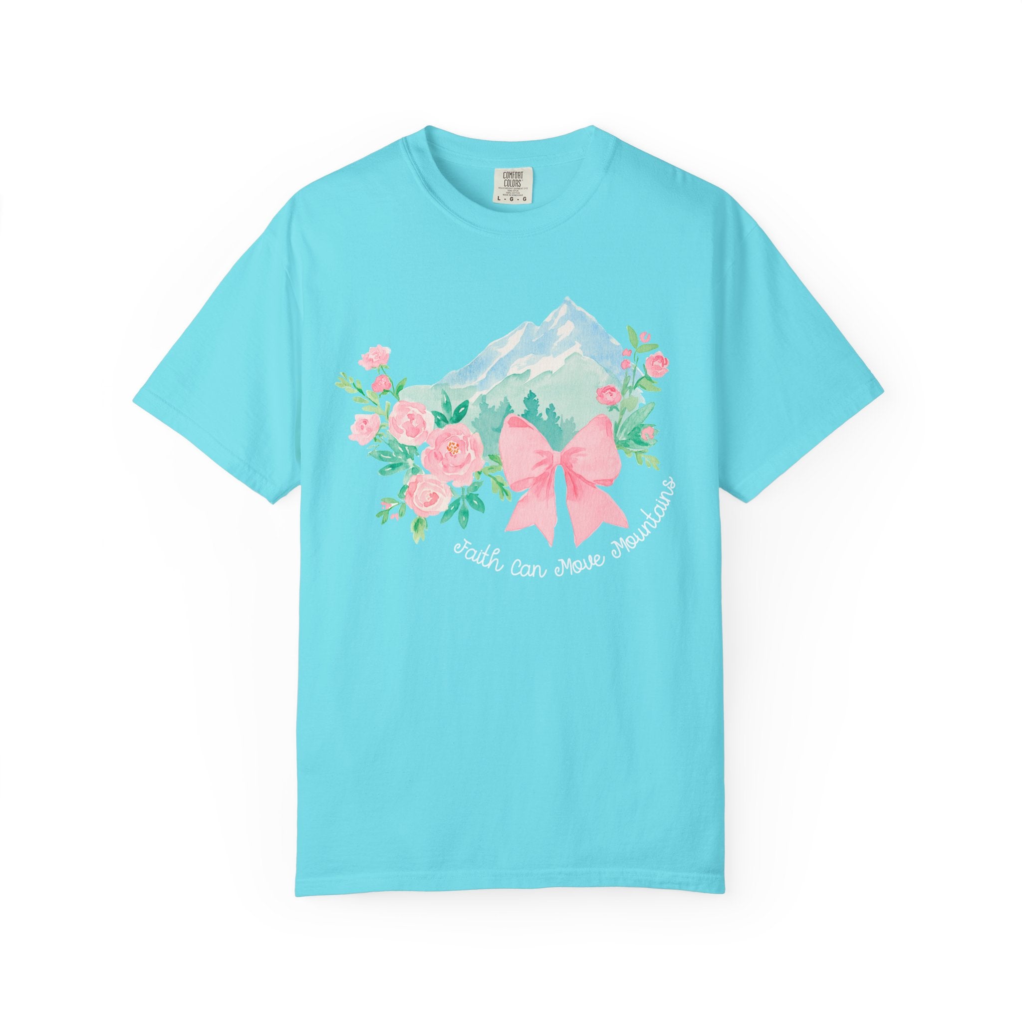 Faith Can Move Mountains Preppy Blossom Tee — Pink Bow Floral Mountain Graphic