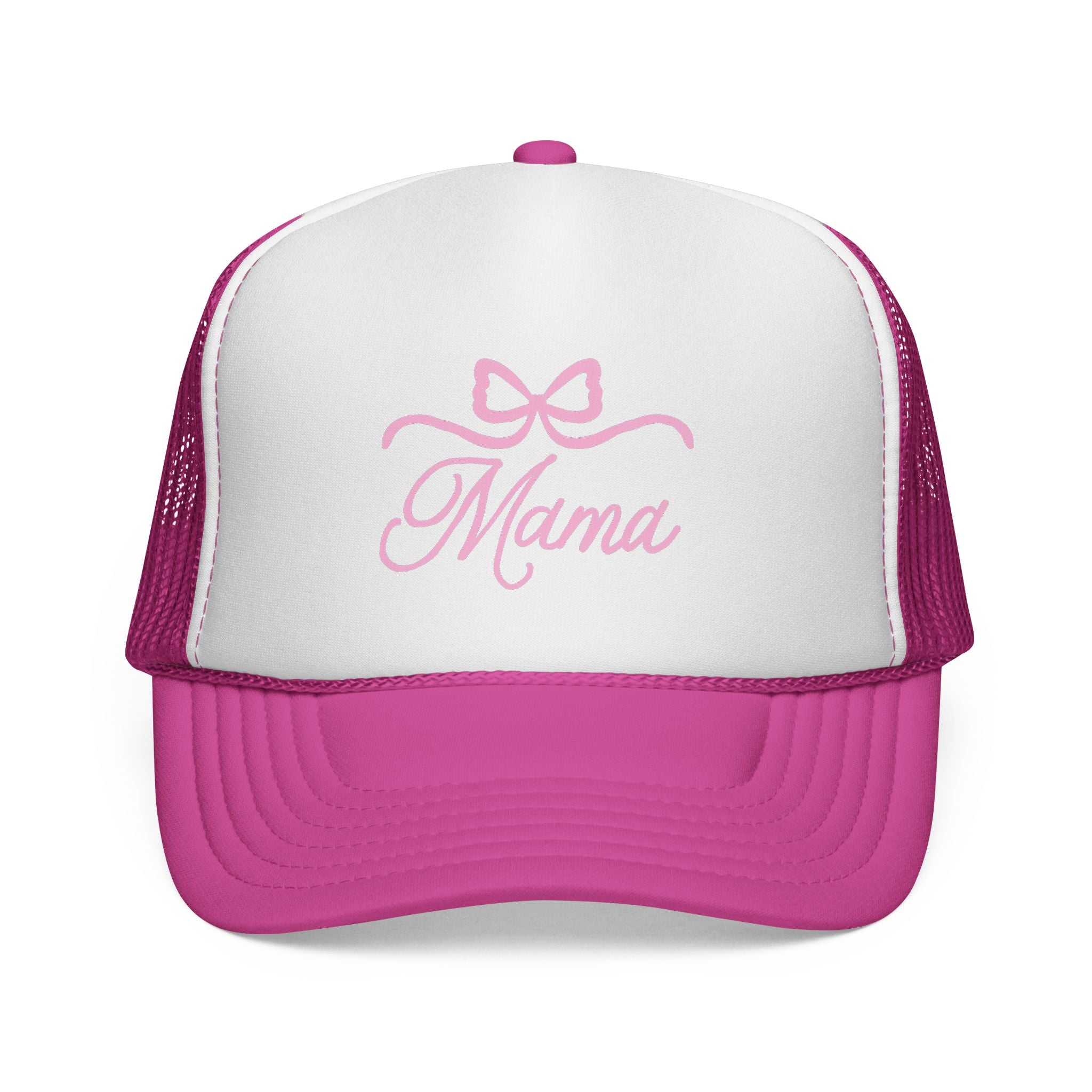Mama Trucker Hat — Pink Script Bow Cap for Moms