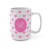 Personalized Pink Heart Monogram Mug — 15oz Ceramic Coffee Cup