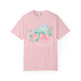 Faith Can Move Mountains Preppy Blossom Tee — Pink Bow Floral Mountain Graphic