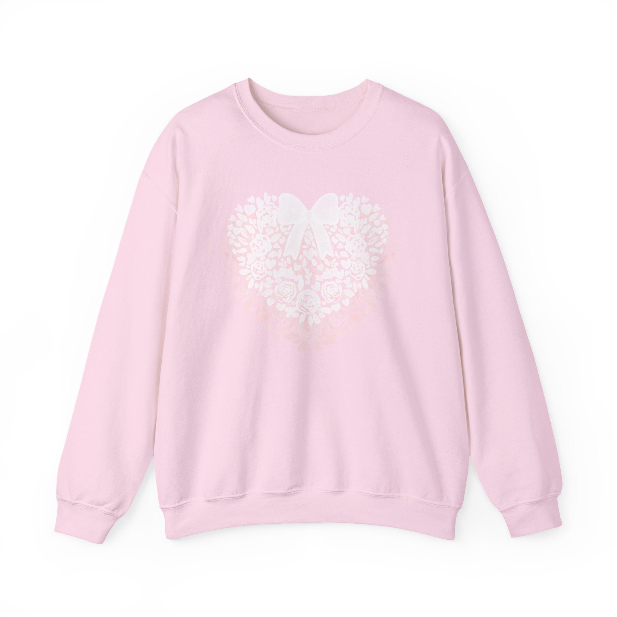 Floral Heart Bow Sweatshirt — Pastel Romantic Crewneck for Women