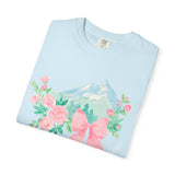 Faith Can Move Mountains Preppy Blossom Tee — Pink Bow Floral Mountain Graphic