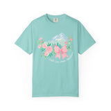 Faith Can Move Mountains Preppy Blossom Tee — Pink Bow Floral Mountain Graphic