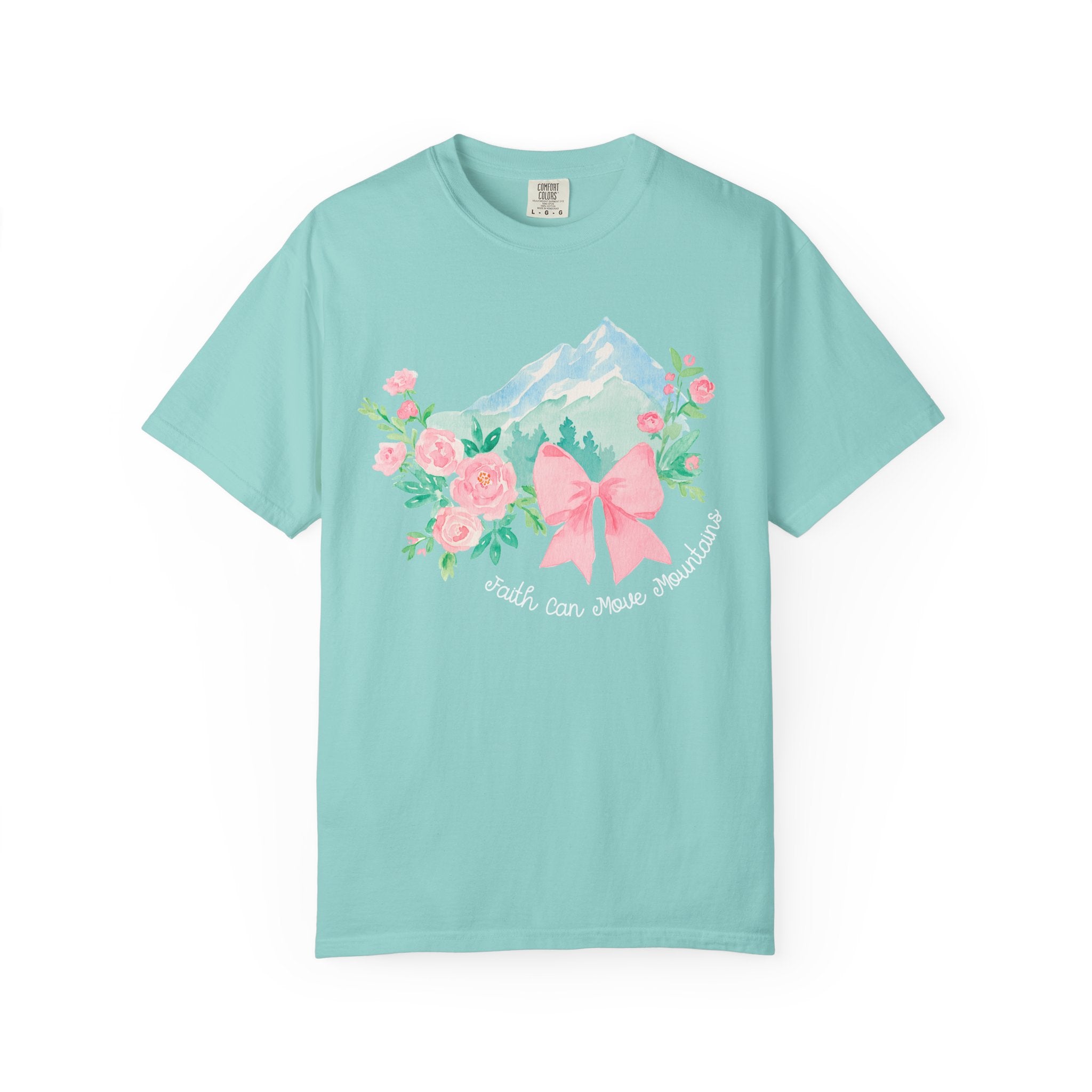 Faith Can Move Mountains Preppy Blossom Tee — Pink Bow Floral Mountain Graphic