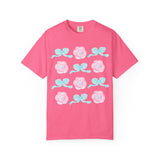 Floral Bow Pattern T-Shirt — Pastel Pink Flowers & Aqua Bows
