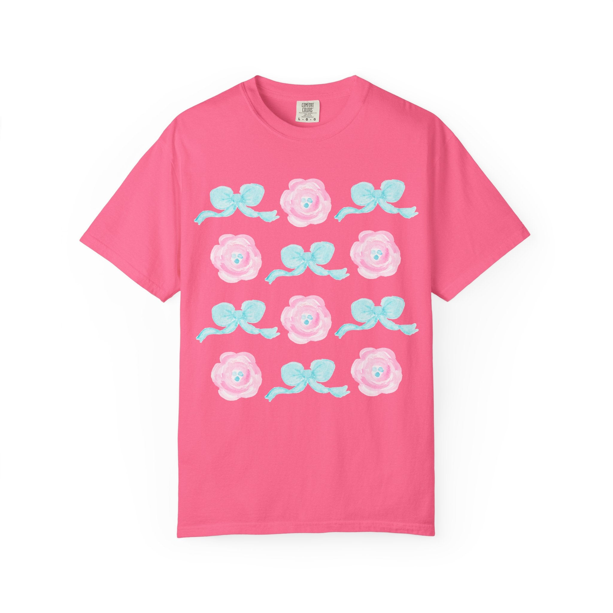 Floral Bow Pattern T-Shirt — Pastel Pink Flowers & Aqua Bows