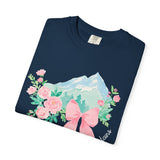 Faith Can Move Mountains Preppy Blossom Tee — Pink Bow Floral Mountain Graphic