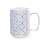 Pastel Gingham Floral Mug — Blue Bow Tea Coffee Cup (11oz & 15oz)