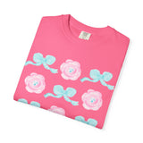 Floral Bow Pattern T-Shirt — Pastel Pink Flowers & Aqua Bows