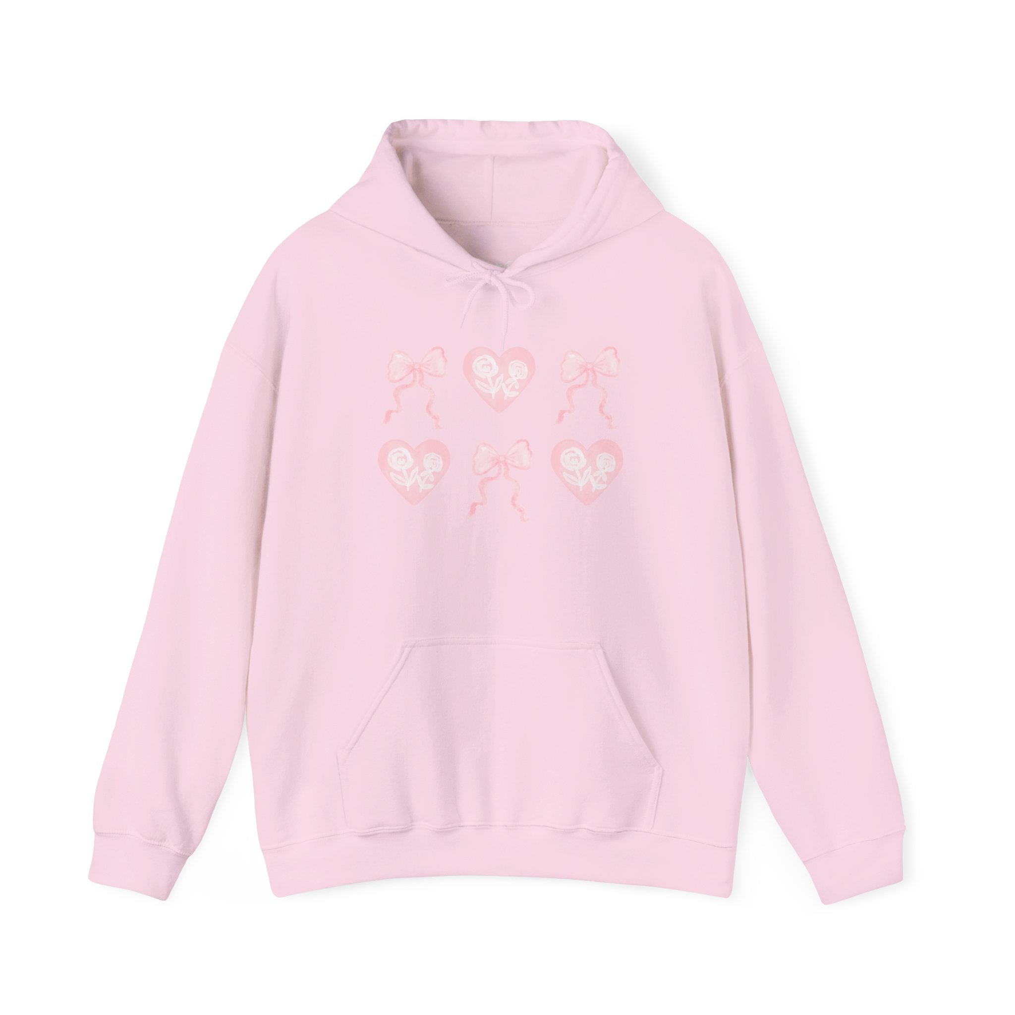 Heart & Bows Hoodie — Cute Pink Heart Pattern Pullover for Valentine’s Day