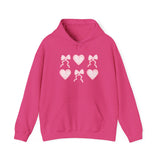 Heart & Bows Hoodie — Cute Pink Heart Pattern Pullover for Valentine’s Day