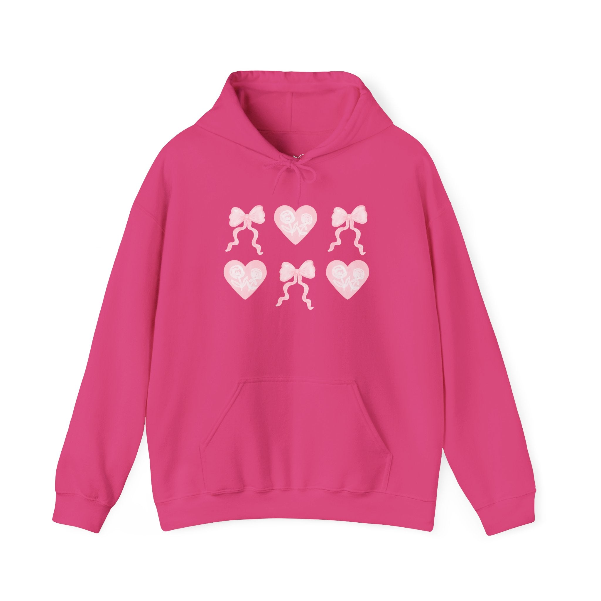 Heart & Bows Hoodie — Cute Pink Heart Pattern Pullover for Valentine’s Day