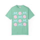 Floral Bow Pattern T-Shirt — Pastel Pink Flowers & Aqua Bows