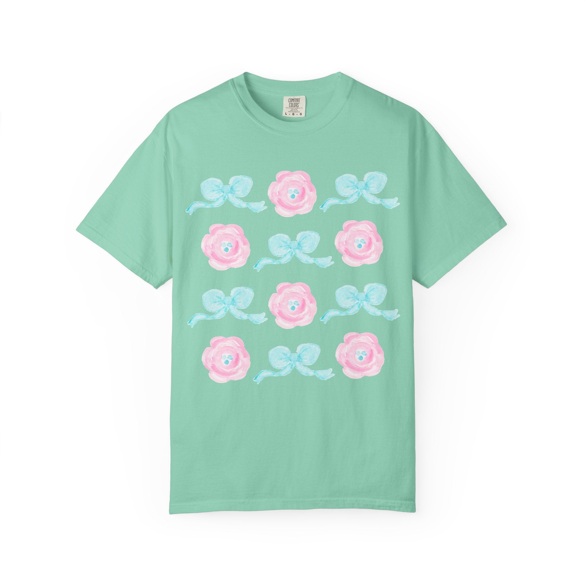 Floral Bow Pattern T-Shirt — Pastel Pink Flowers & Aqua Bows