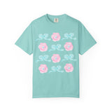 Floral Bow Pattern T-Shirt — Pastel Pink Flowers & Aqua Bows