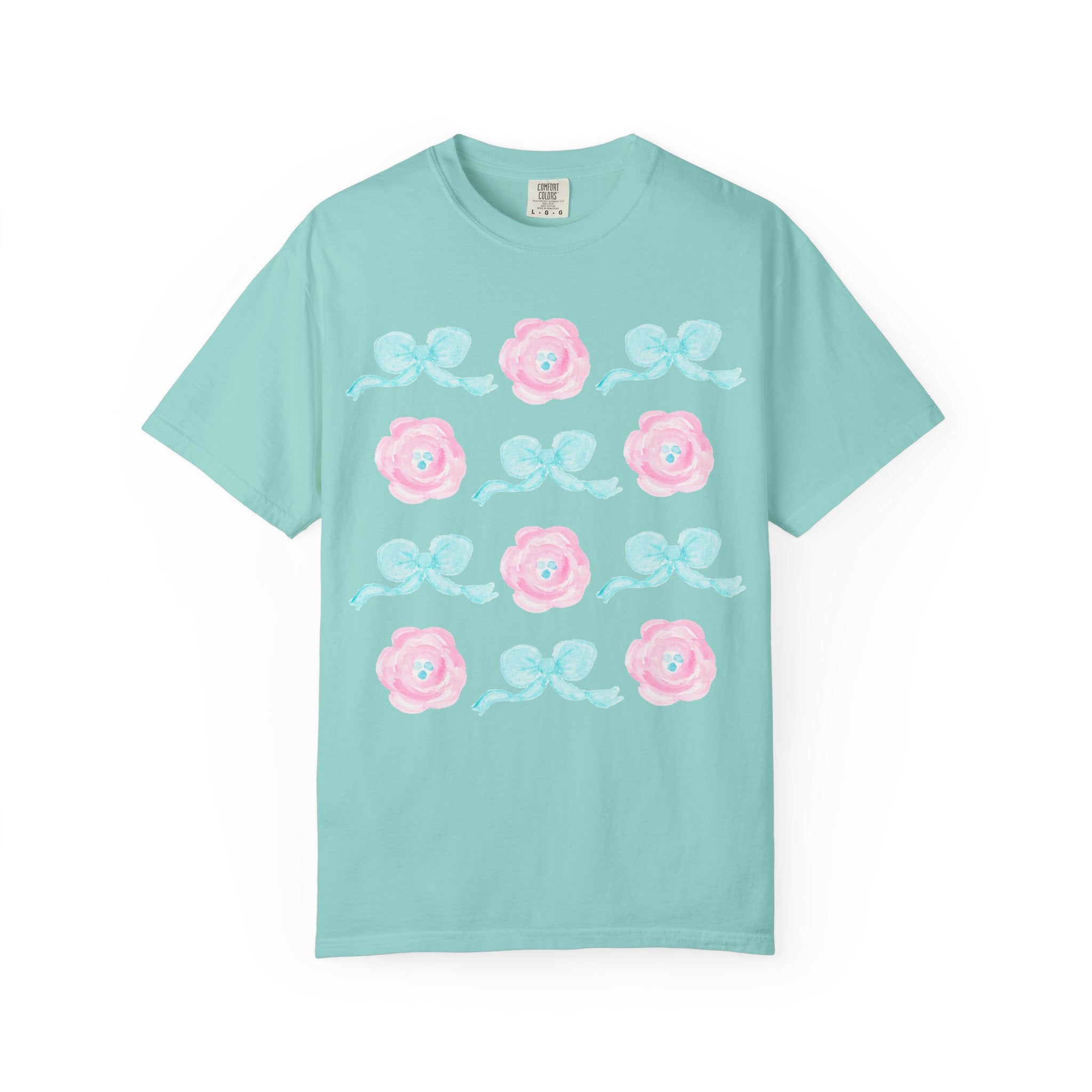 Floral Bow Pattern T-Shirt — Pastel Pink Flowers & Aqua Bows