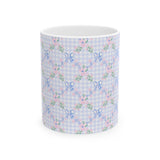 Pastel Gingham Floral Mug — Blue Bow Tea Coffee Cup (11oz & 15oz)