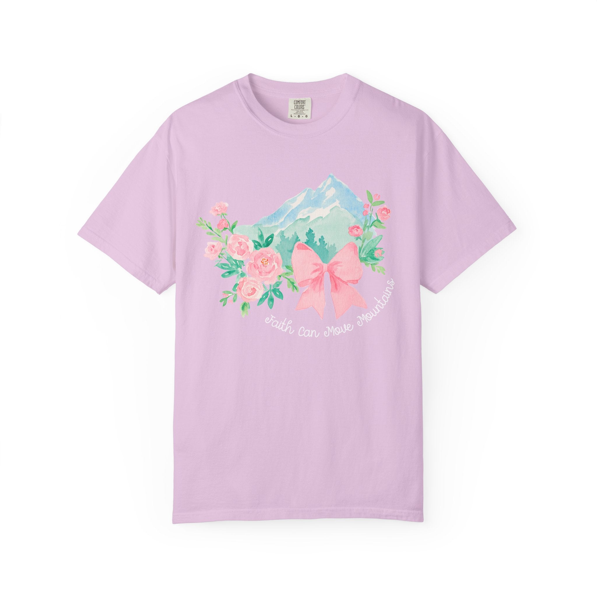 Faith Can Move Mountains Preppy Blossom Tee — Pink Bow Floral Mountain Graphic