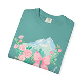 Faith Can Move Mountains Preppy Blossom Tee — Pink Bow Floral Mountain Graphic