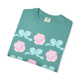 Floral Bow Pattern T-Shirt — Pastel Pink Flowers & Aqua Bows