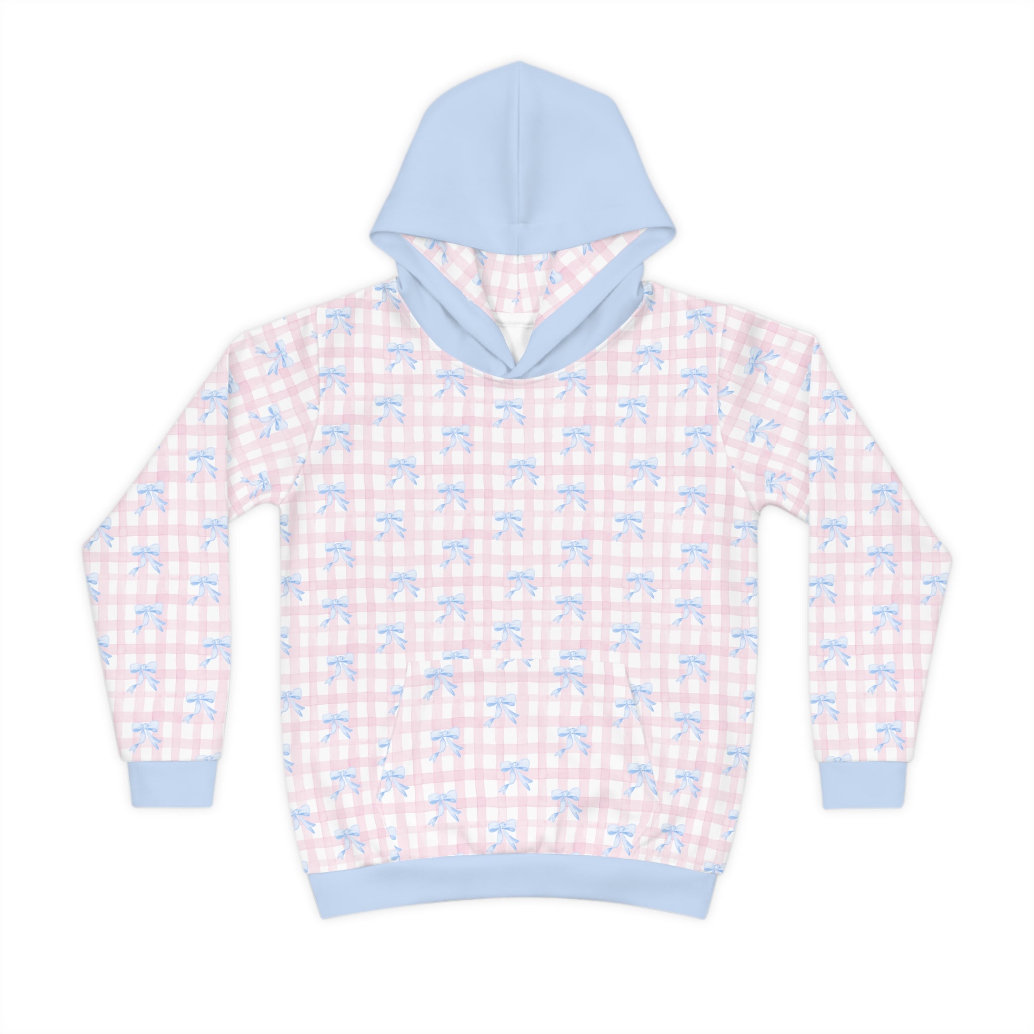 Kids Hoodie — Pastel Pink Gingham with Blue Bows Pattern