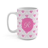 Personalized Pink Heart Monogram Mug — 15oz Ceramic Coffee Cup