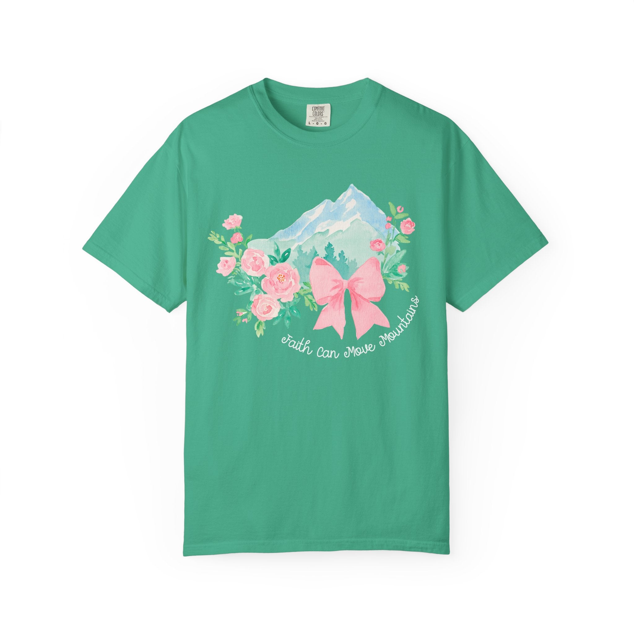 Faith Can Move Mountains Preppy Blossom Tee — Pink Bow Floral Mountain Graphic