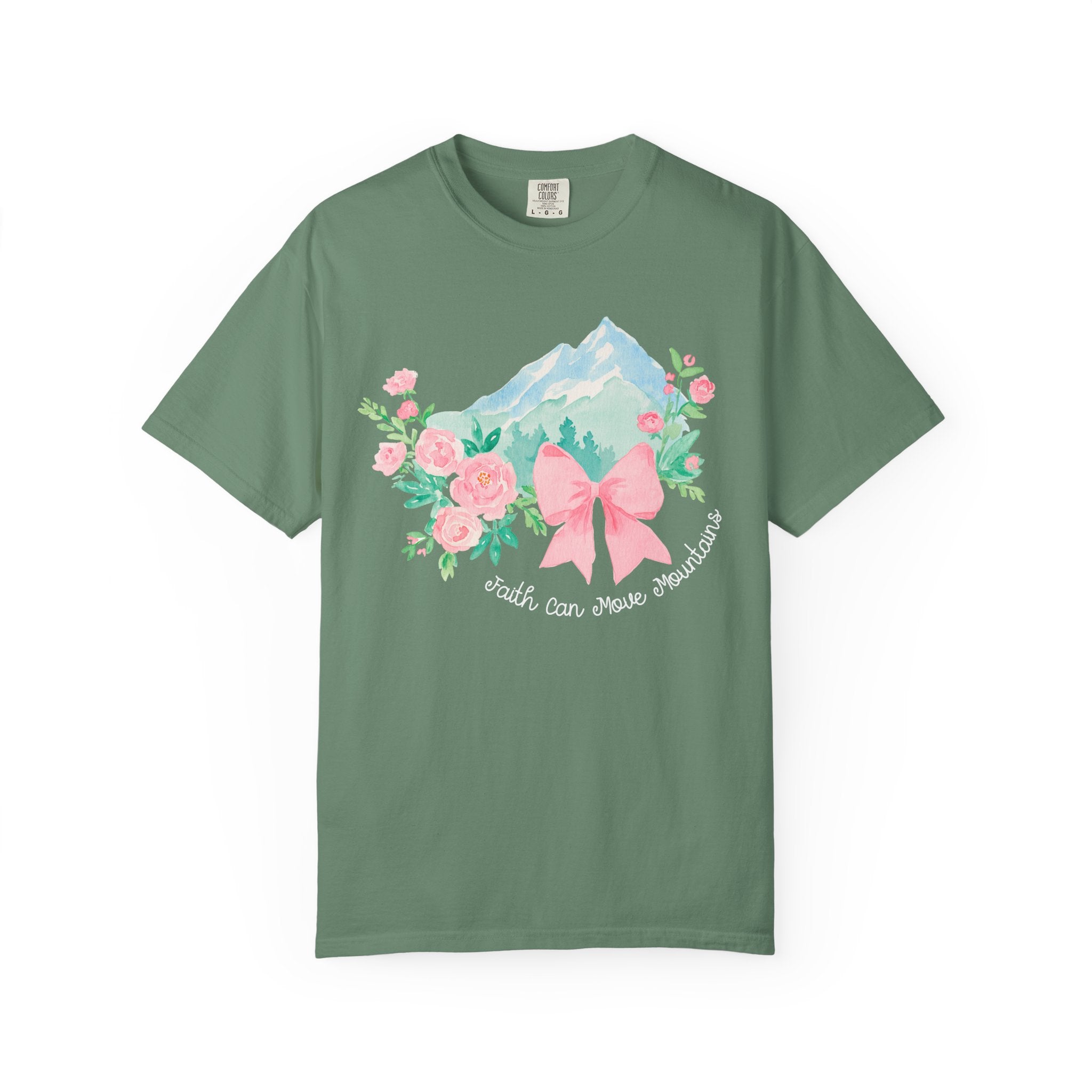 Faith Can Move Mountains Preppy Blossom Tee — Pink Bow Floral Mountain Graphic