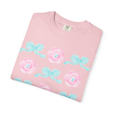 Floral Bow Pattern T-Shirt — Pastel Pink Flowers & Aqua Bows