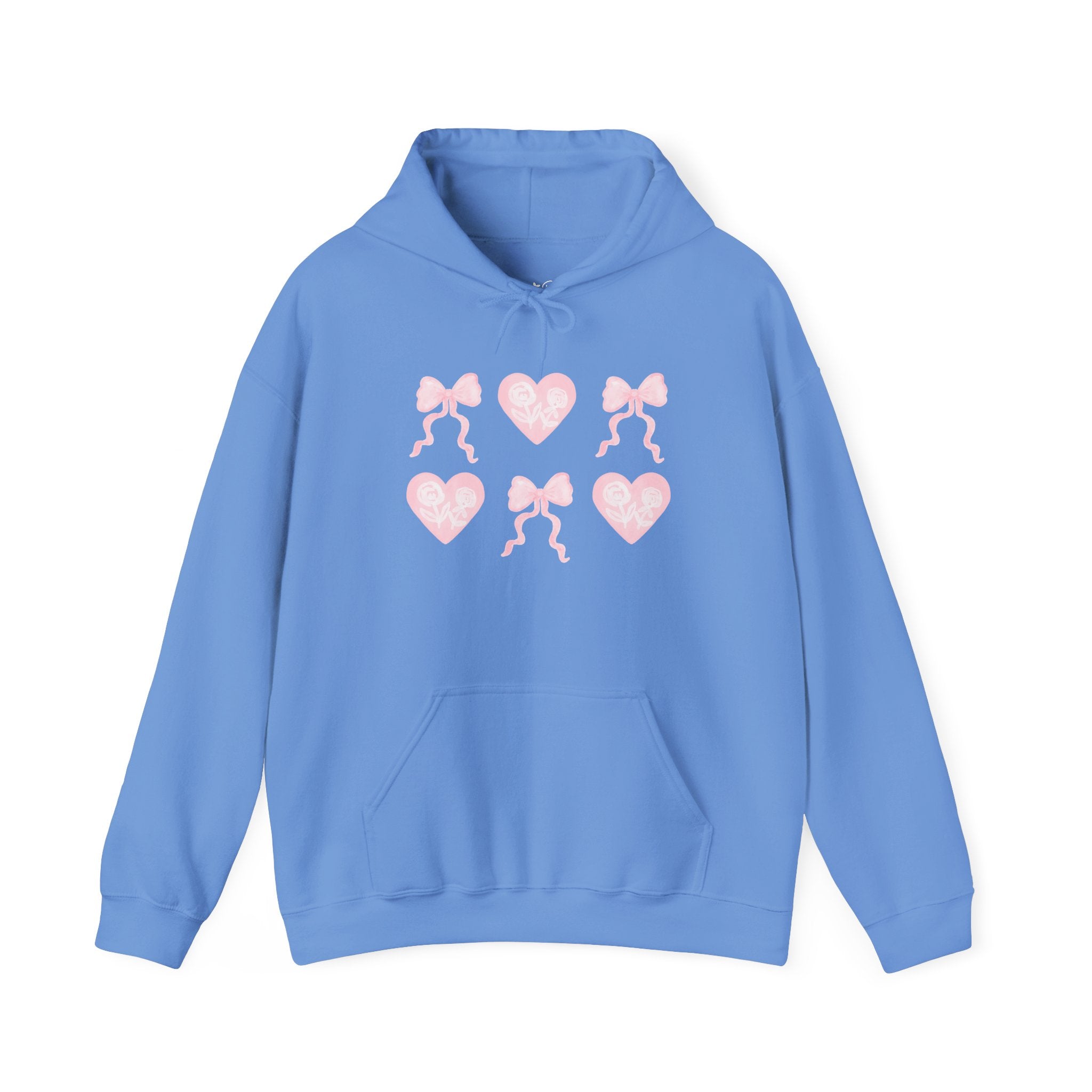 Heart & Bows Hoodie — Cute Pink Heart Pattern Pullover for Valentine’s Day