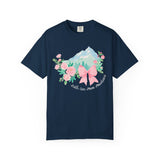 Faith Can Move Mountains Preppy Blossom Tee — Pink Bow Floral Mountain Graphic