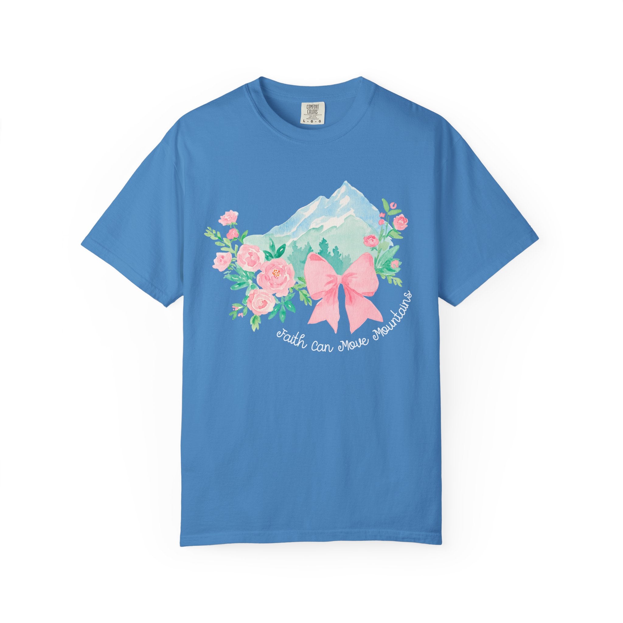 Faith Can Move Mountains Preppy Blossom Tee — Pink Bow Floral Mountain Graphic