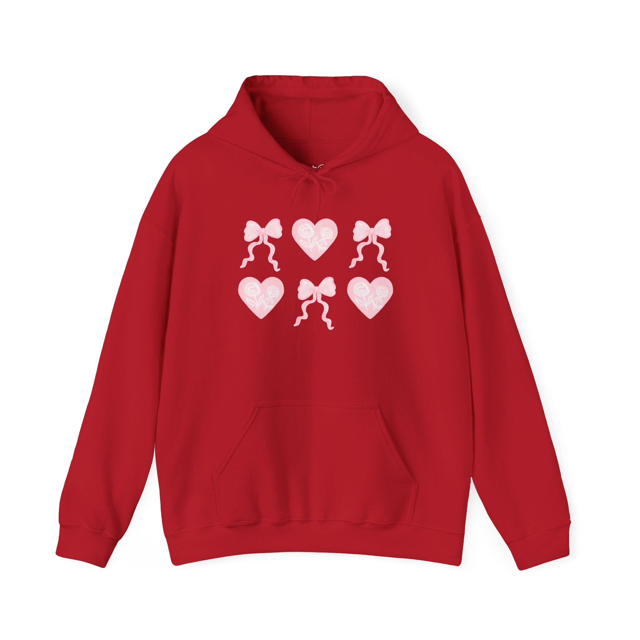 Heart & Bows Hoodie — Cute Pink Heart Pattern Pullover for Valentine’s Day