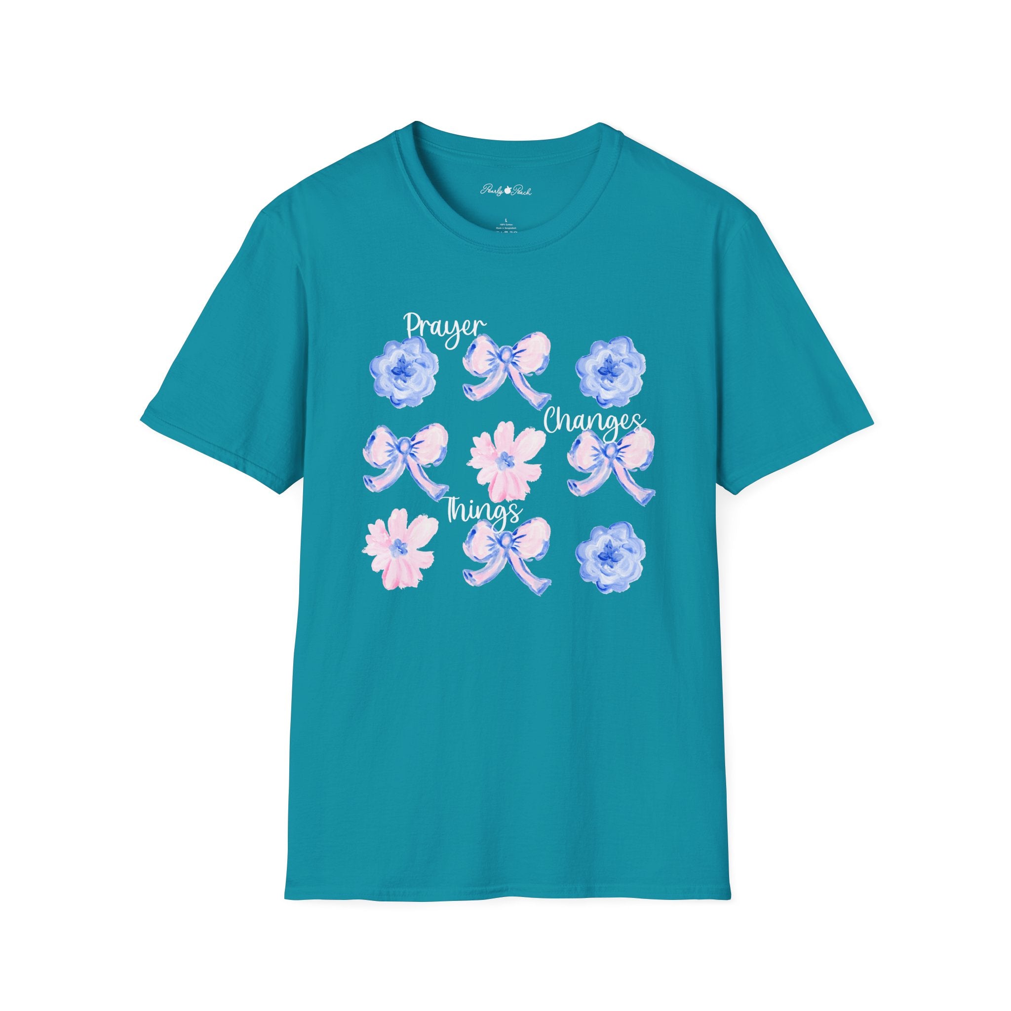 Prayer Changes Things Floral T-Shirt — Blue & Pink Ribbon Comfort Tee