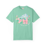 Faith Can Move Mountains Preppy Blossom Tee — Pink Bow Floral Mountain Graphic