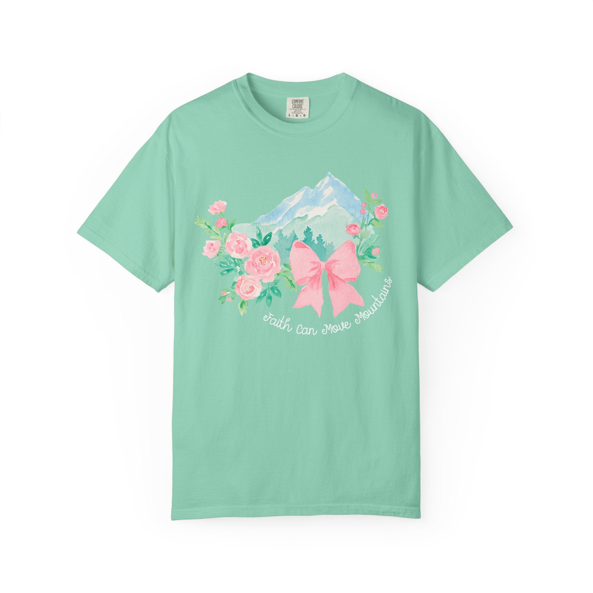 Faith Can Move Mountains Preppy Blossom Tee — Pink Bow Floral Mountain Graphic
