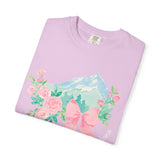 Faith Can Move Mountains Preppy Blossom Tee — Pink Bow Floral Mountain Graphic