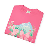 Faith Can Move Mountains Preppy Blossom Tee — Pink Bow Floral Mountain Graphic