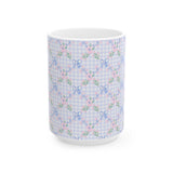 Pastel Gingham Floral Mug — Blue Bow Tea Coffee Cup (11oz & 15oz)