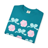 Floral Bow Pattern T-Shirt — Pastel Pink Flowers & Aqua Bows
