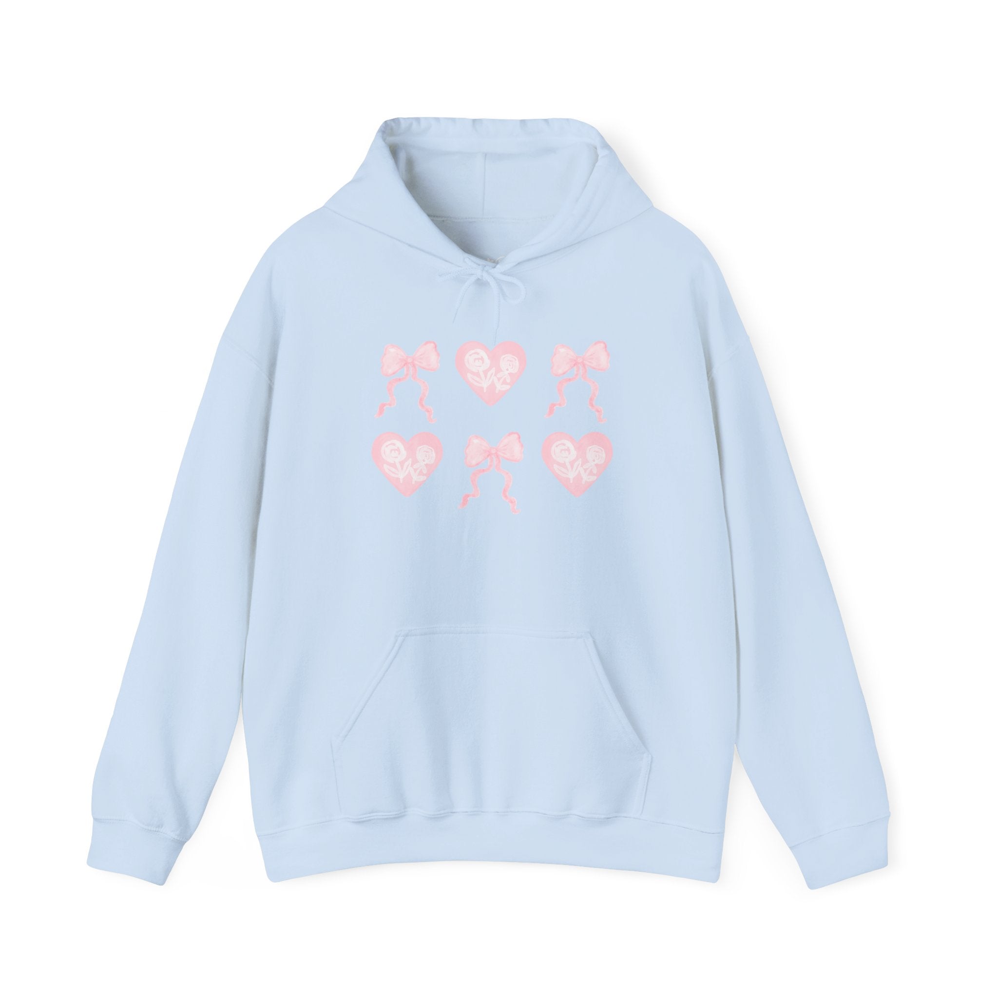 Heart & Bows Hoodie — Cute Pink Heart Pattern Pullover for Valentine’s Day