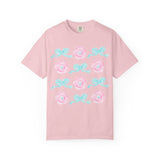 Floral Bow Pattern T-Shirt — Pastel Pink Flowers & Aqua Bows