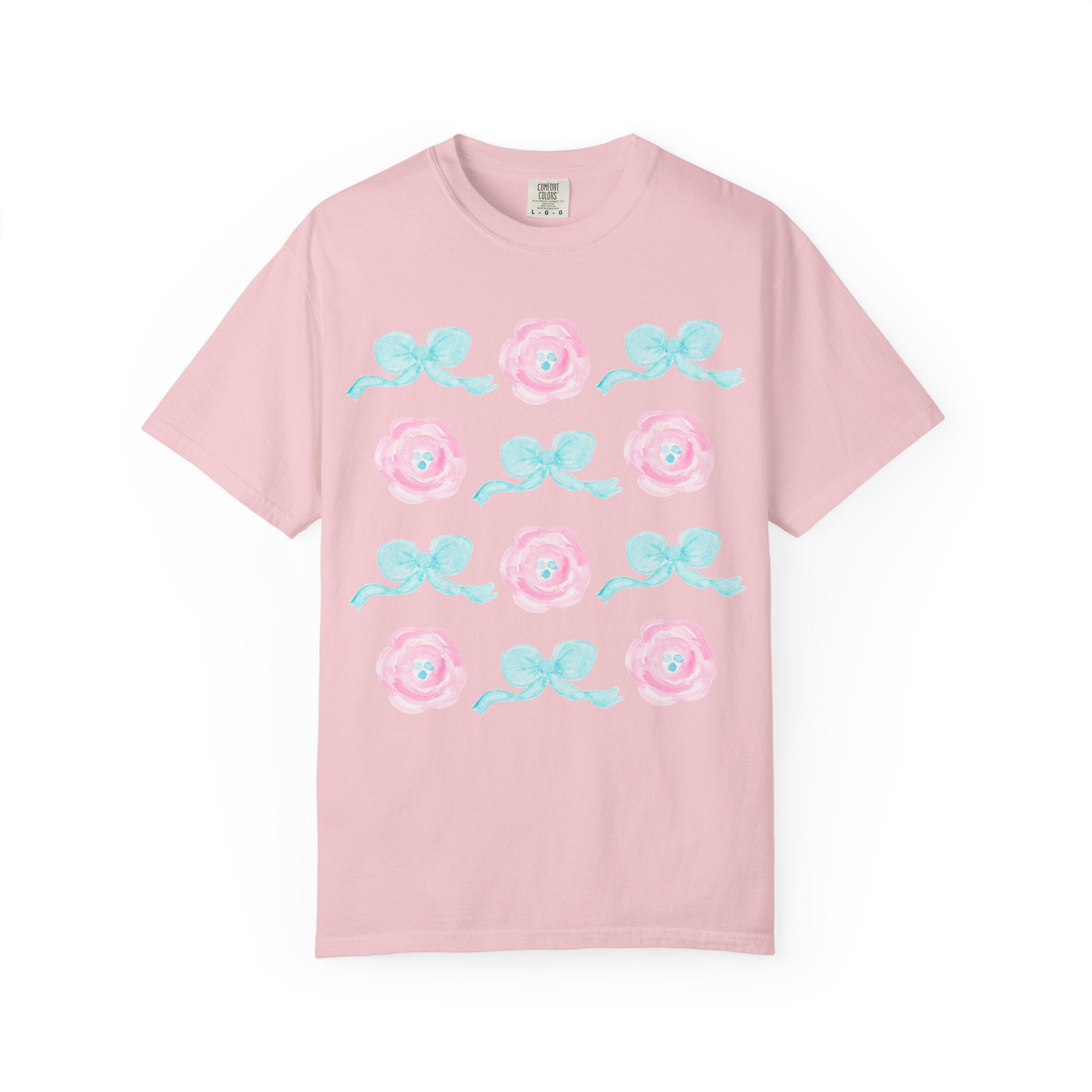 Floral Bow Pattern T-Shirt — Pastel Pink Flowers & Aqua Bows