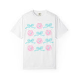 Floral Bow Pattern T-Shirt — Pastel Pink Flowers & Aqua Bows