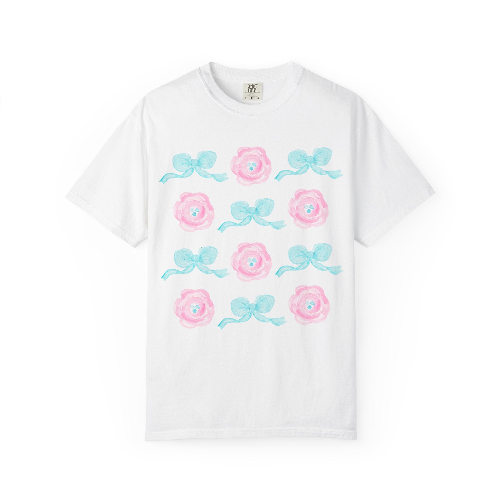Floral Bow Pattern T-Shirt — Pastel Pink Flowers & Aqua Bows