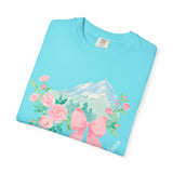 Faith Can Move Mountains Preppy Blossom Tee — Pink Bow Floral Mountain Graphic