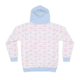 Kids Hoodie — Pastel Pink Gingham with Blue Bows Pattern