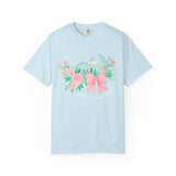 Faith Can Move Mountains Preppy Blossom Tee — Pink Bow Floral Mountain Graphic