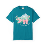 Faith Can Move Mountains Preppy Blossom Tee — Pink Bow Floral Mountain Graphic