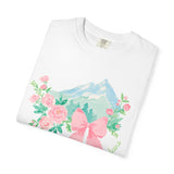 Faith Can Move Mountains Preppy Blossom Tee — Pink Bow Floral Mountain Graphic